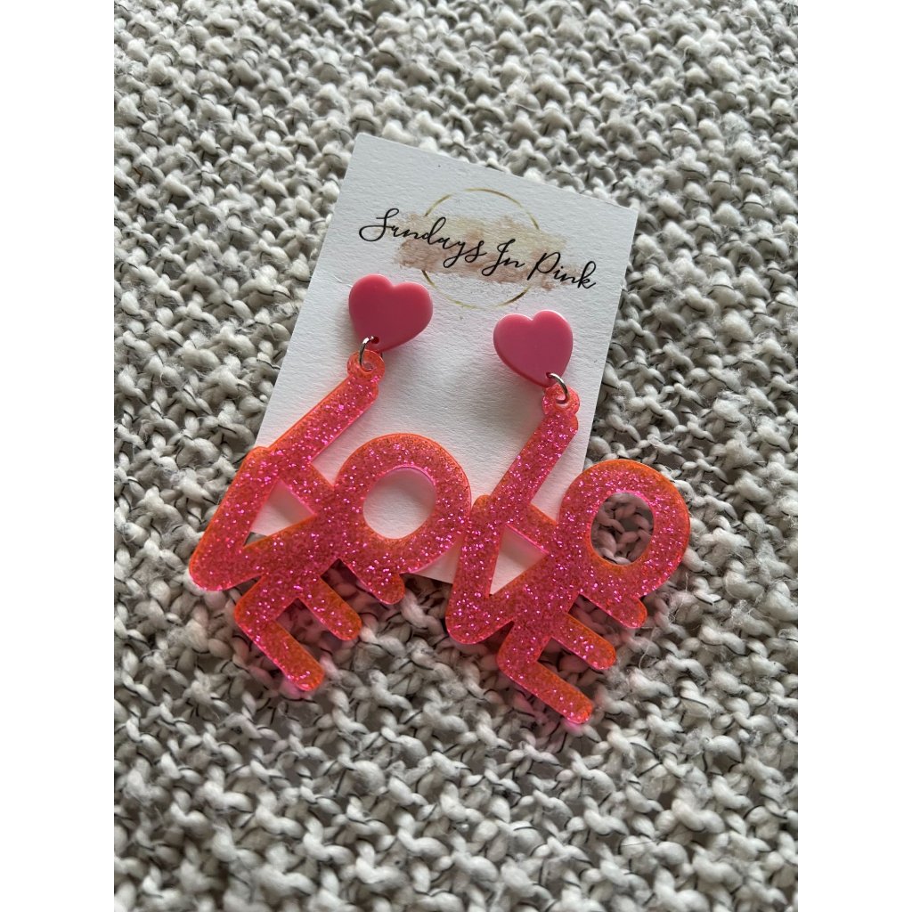 Love Pink Glitter Acrylic Earrings New